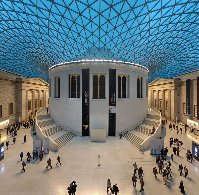 The glass-roofed Great Court of the British Museum in London, with the circular Reading Room at its centre