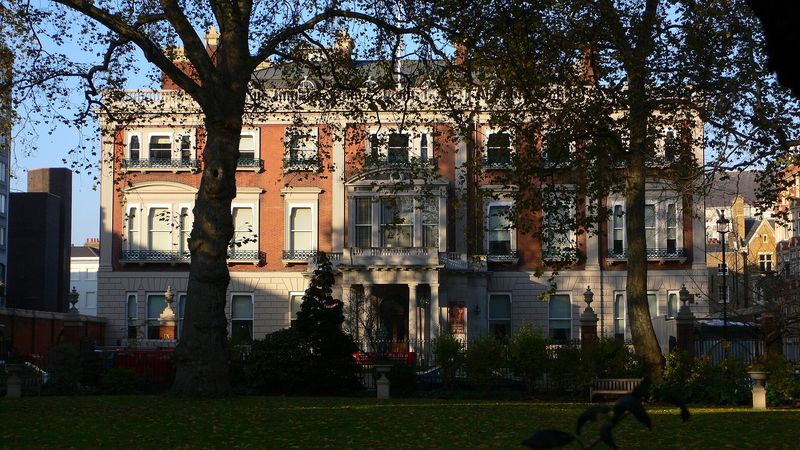 Hertford House, home of the Wallace Collection, seen across the garden of Manchester Square in London
