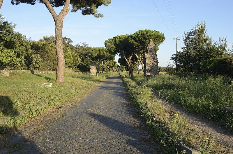 The cobbled Appian Way lined with umbrella pines outside Rome