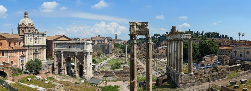Panorama of the Roman Forum ruins below the Palatine in Rome