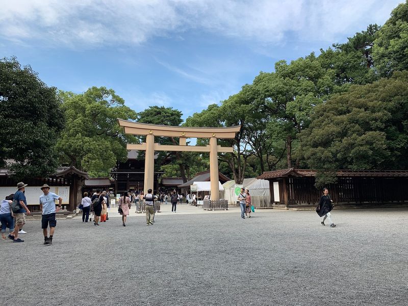 The towering wooden torii gate at the entrance to Meiji Jingū shrine in Harajuku, Tokyo, set against forest and blue sky